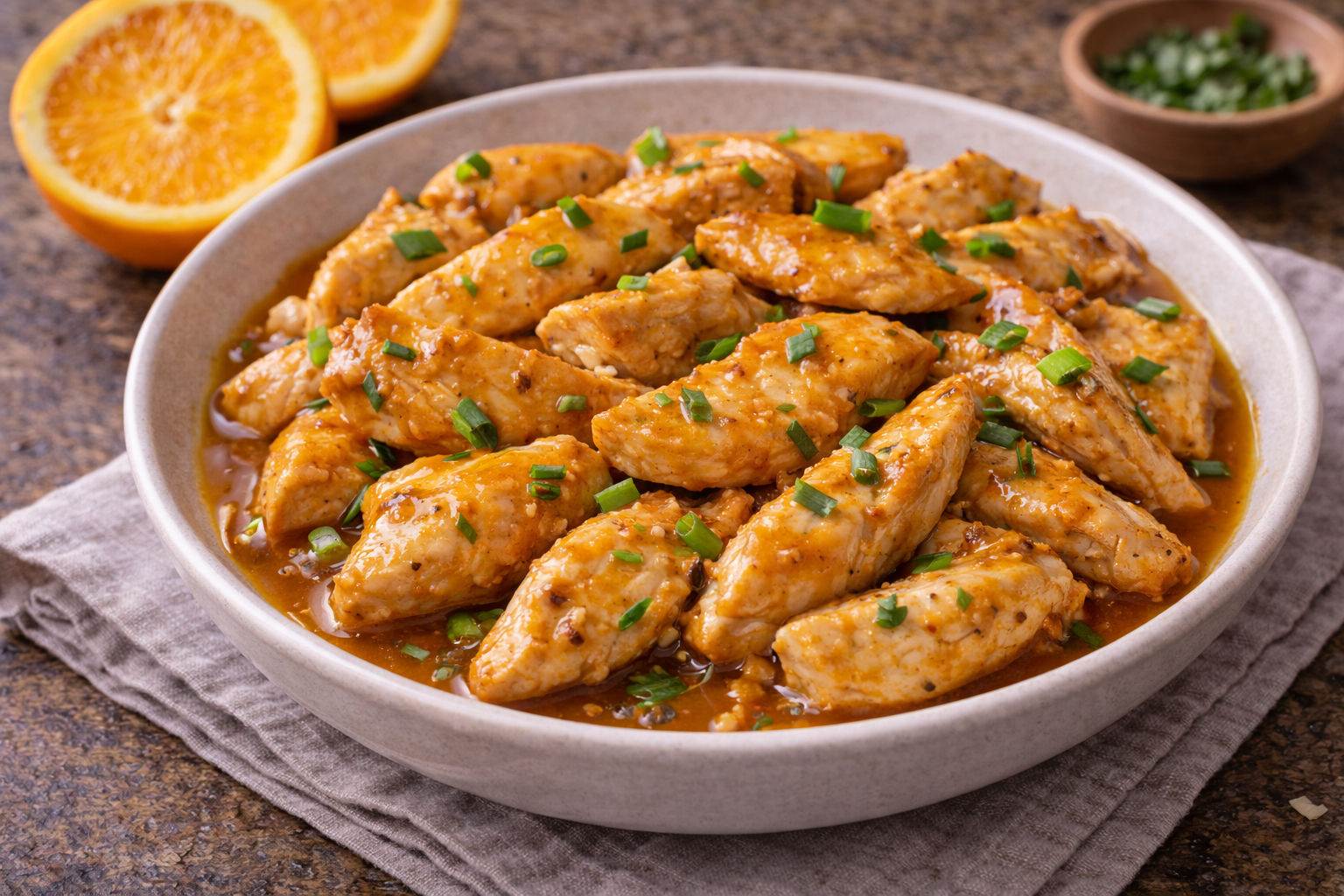 Iscas de Frango ao Molho de Laranja