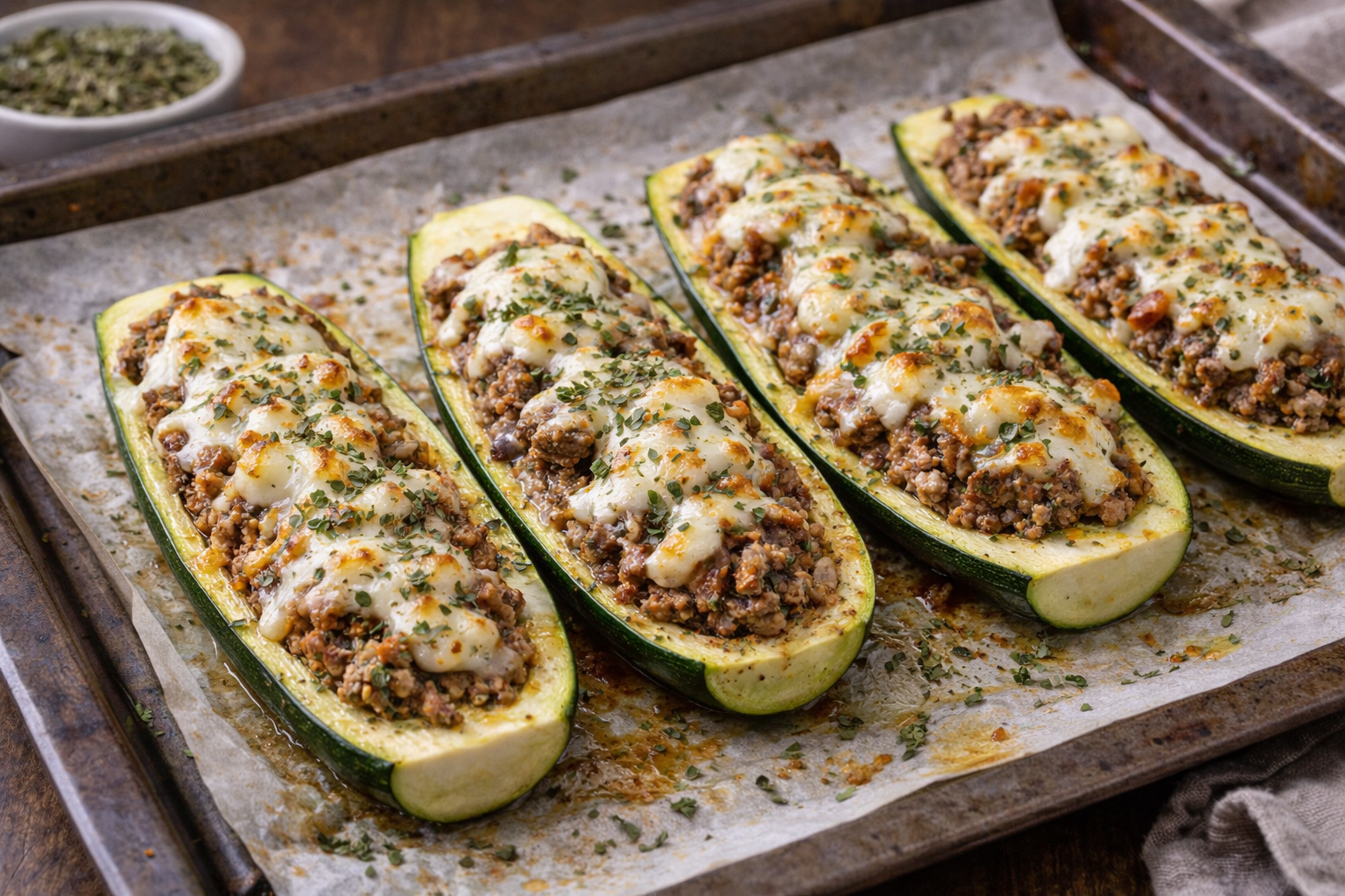 Abobrinha recheada com carne e queijo